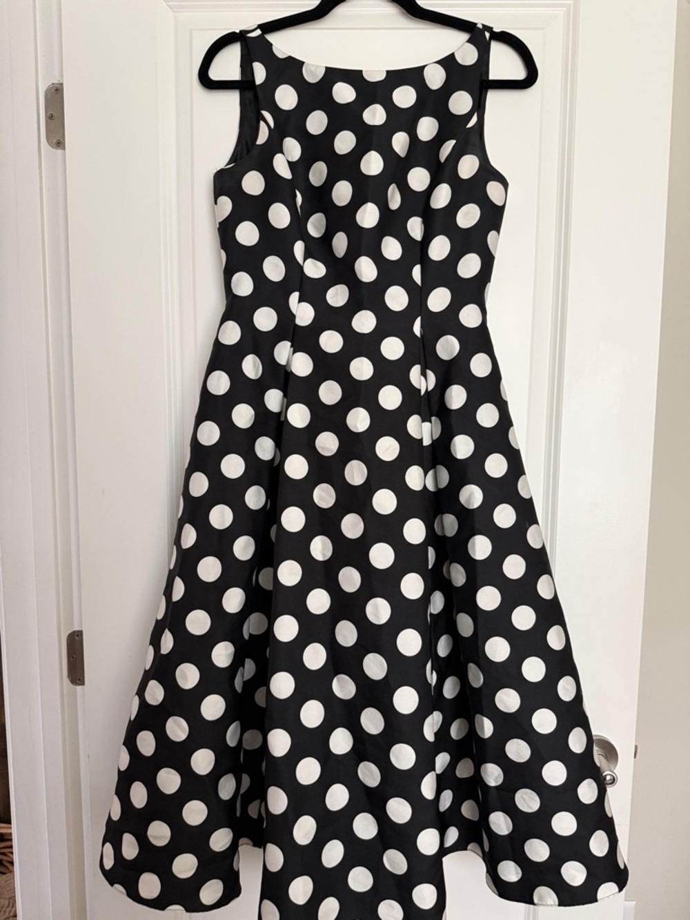 Adrianna Papell Black and White Polka Dot satin Fit-and-Flare Dress